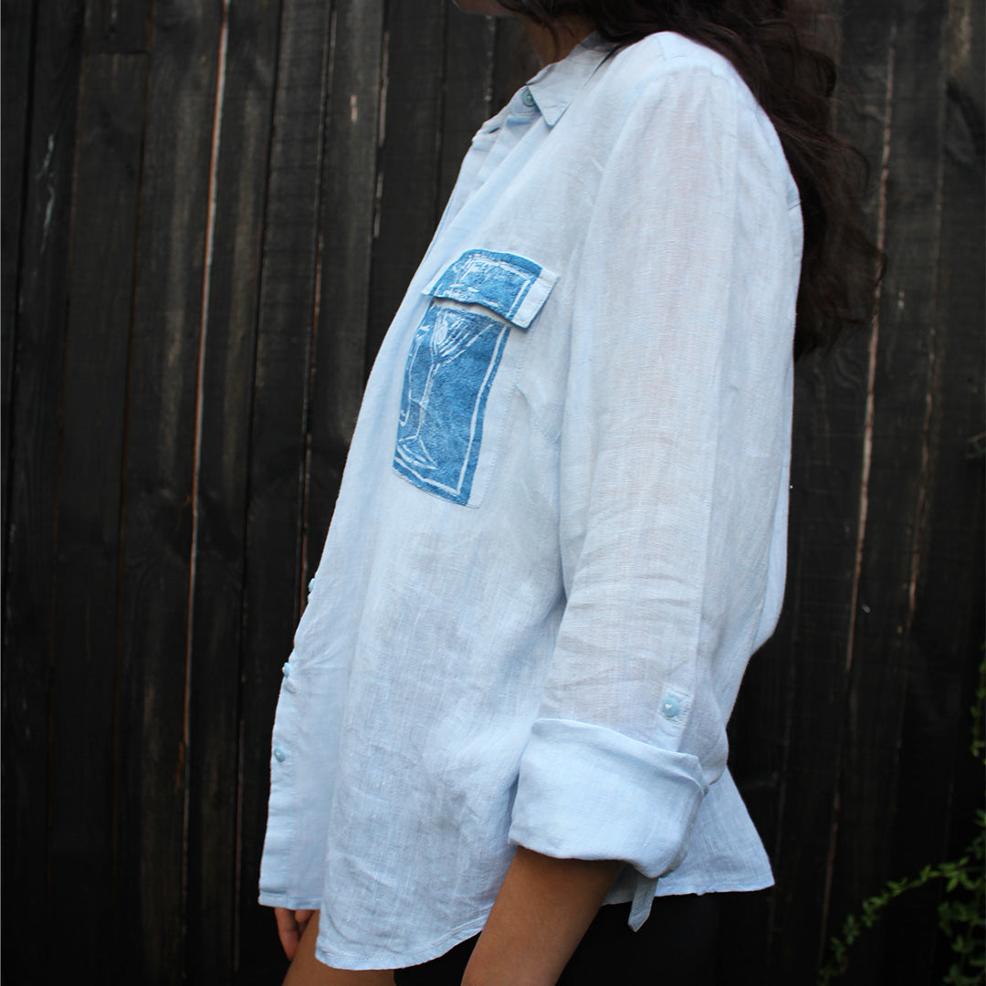 Hand Printed Linen Shirt Pale Blue