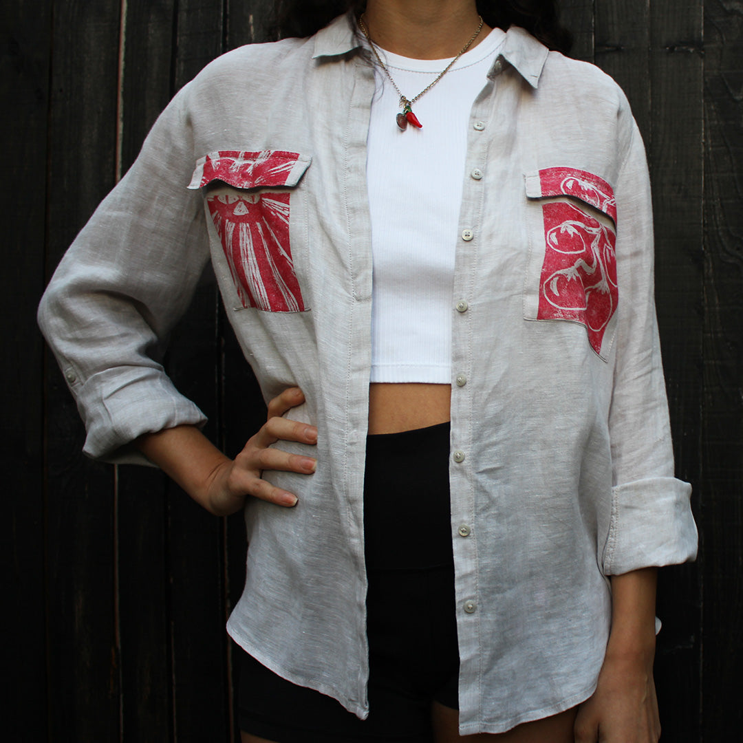 Hand Printed Linen Shirt Grey