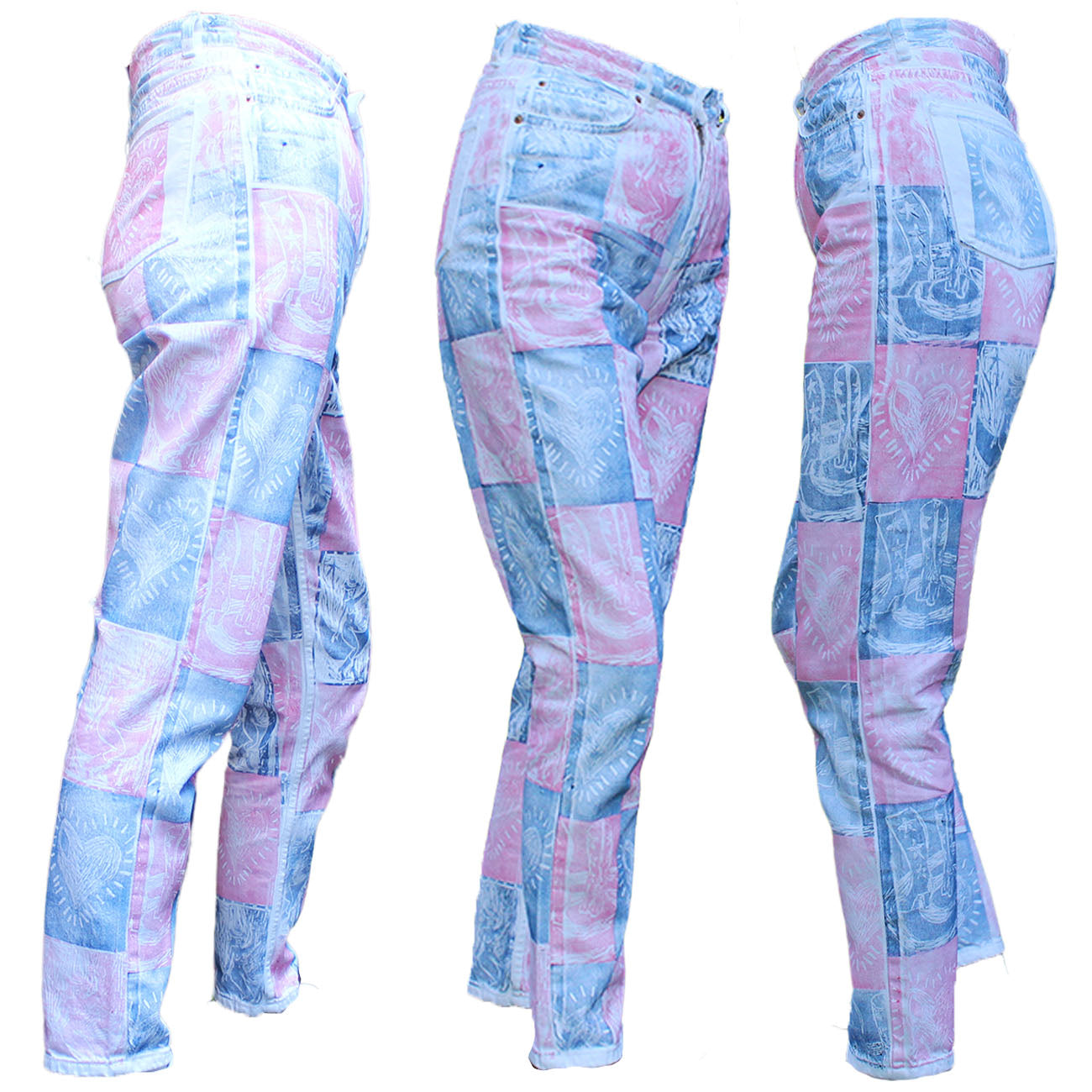 Hand Printed Jeans Heart Cowgirl Boots Multi