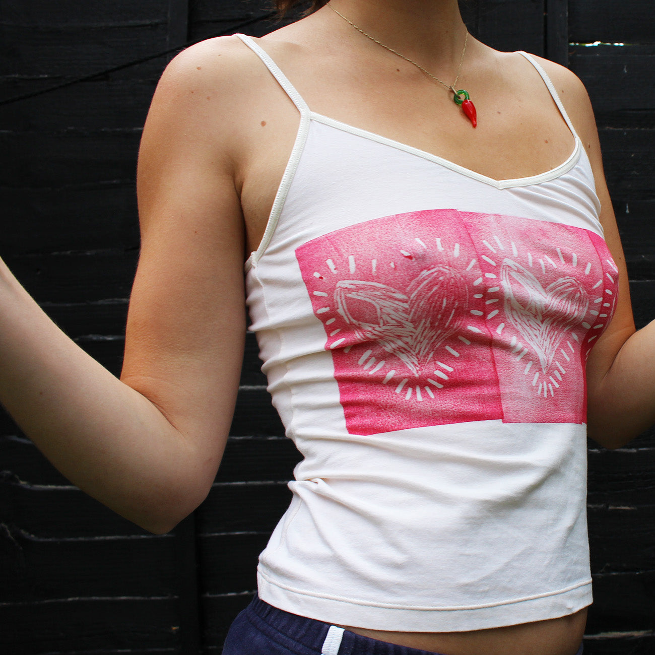 Hand Printed Tank Top Three Hearts