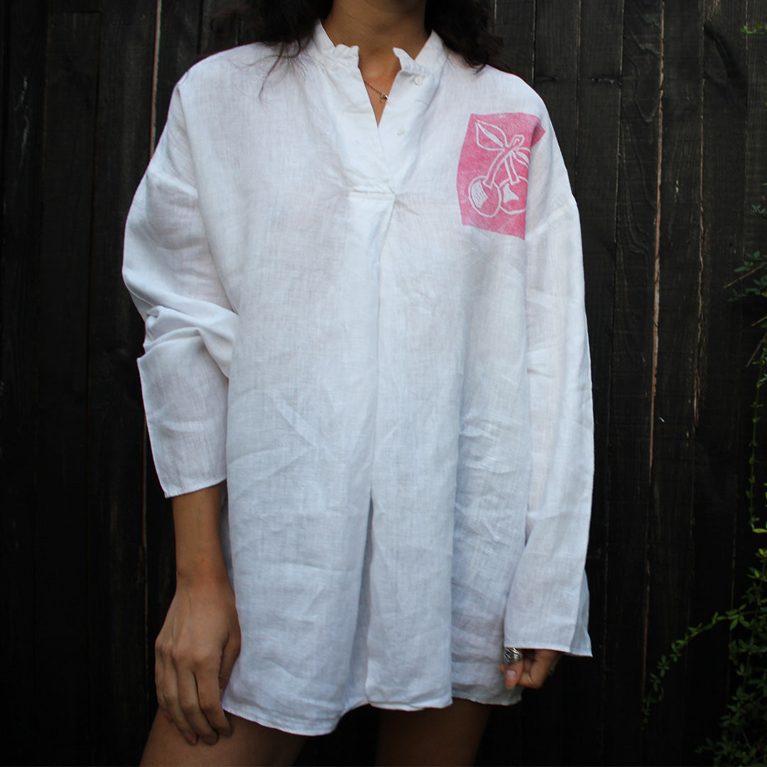 Hand Printed Linen Shirt White Cherry
