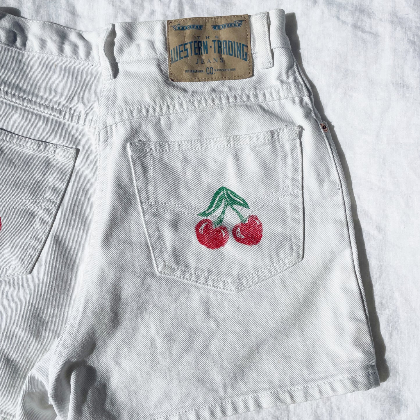 Hand Printed Denim Shorts Cherries
