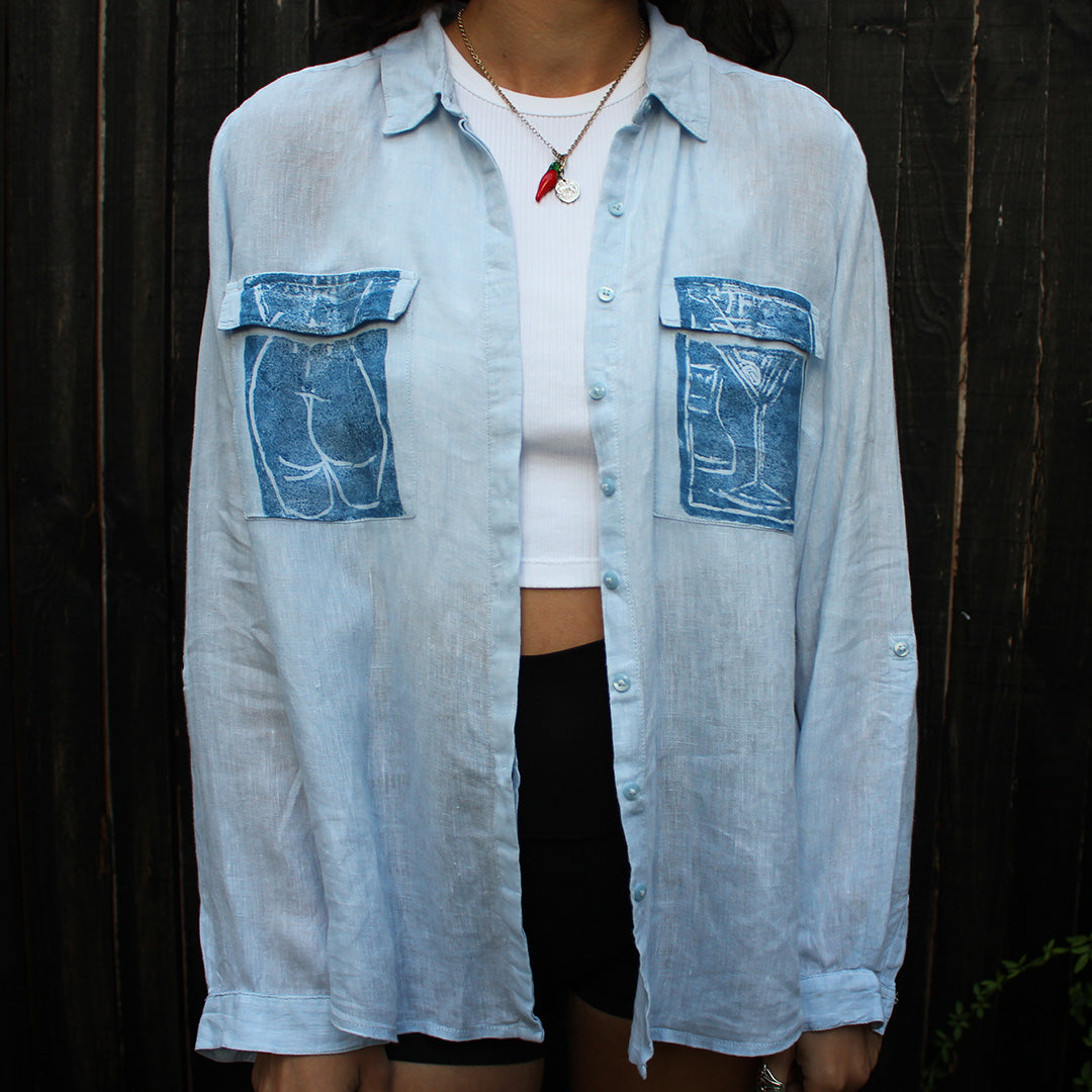 Hand Printed Linen Shirt Pale Blue