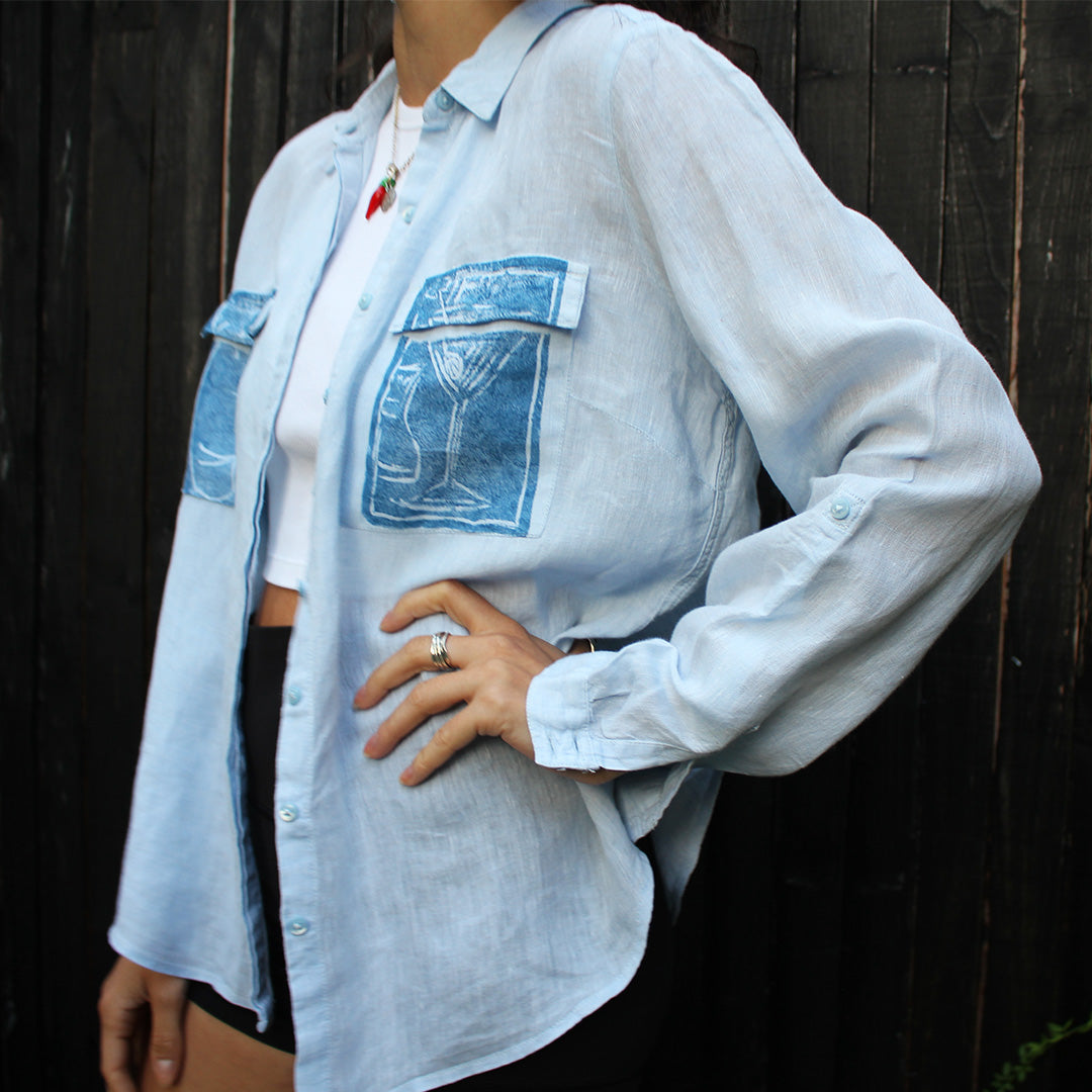 Hand Printed Linen Shirt Pale Blue