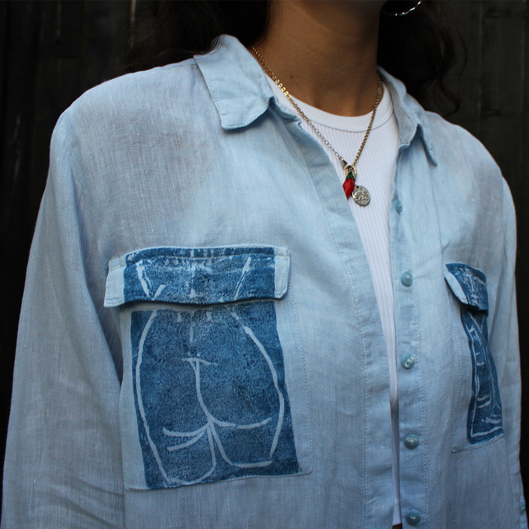 Hand Printed Linen Shirt Pale Blue