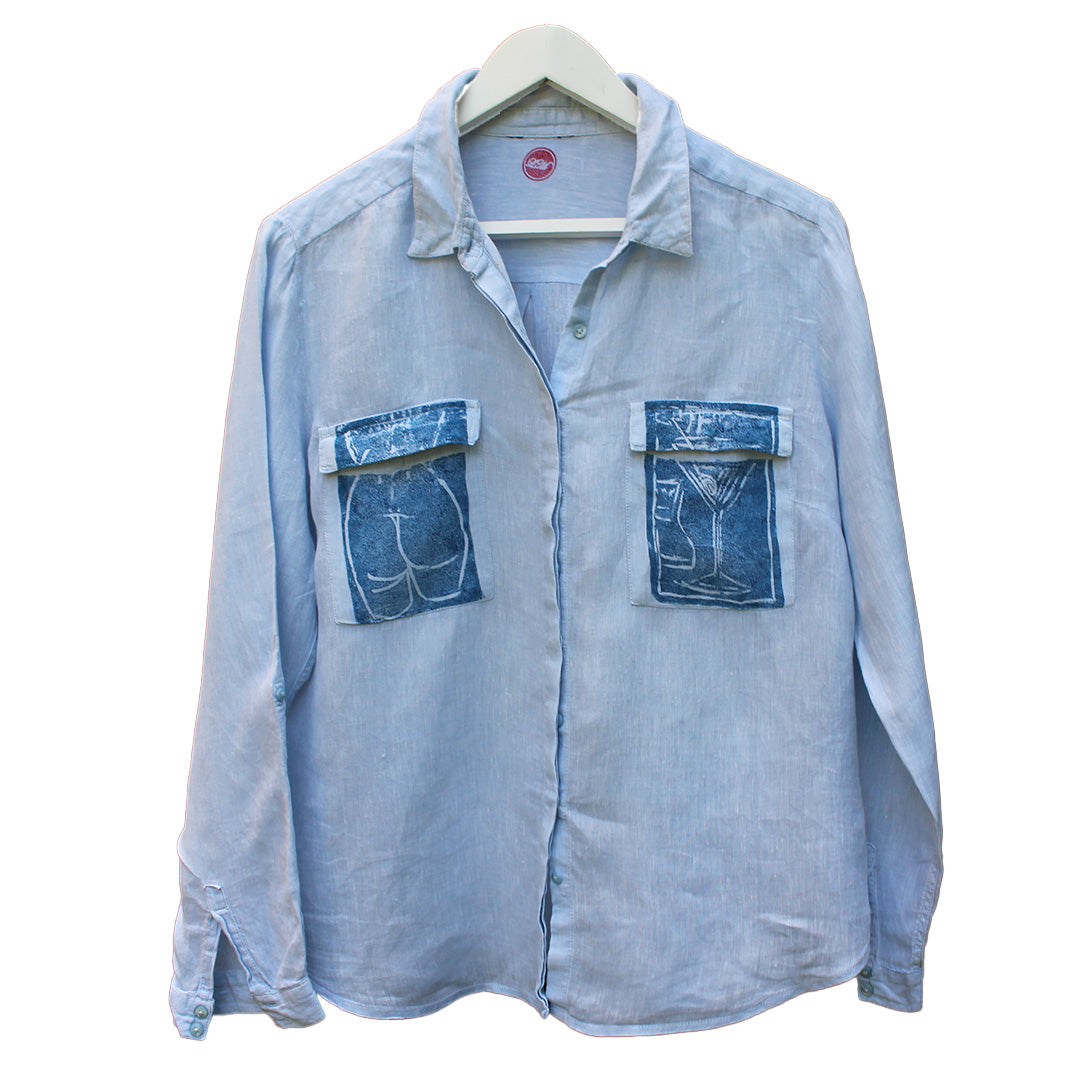 Hand Printed Linen Shirt Pale Blue