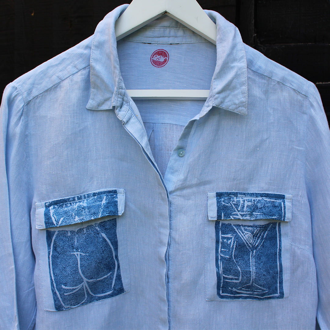 Hand Printed Linen Shirt Pale Blue