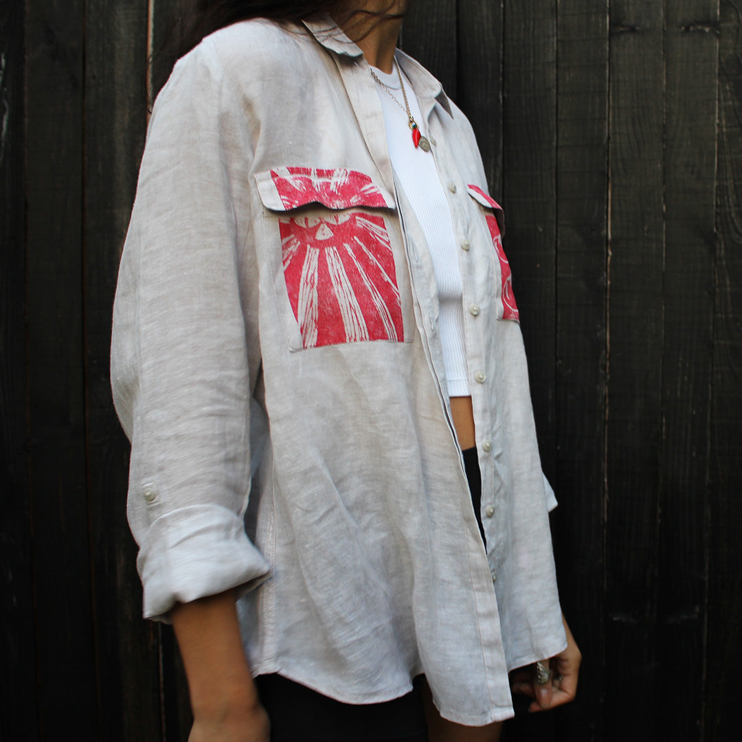 Hand Printed Linen Shirt Grey