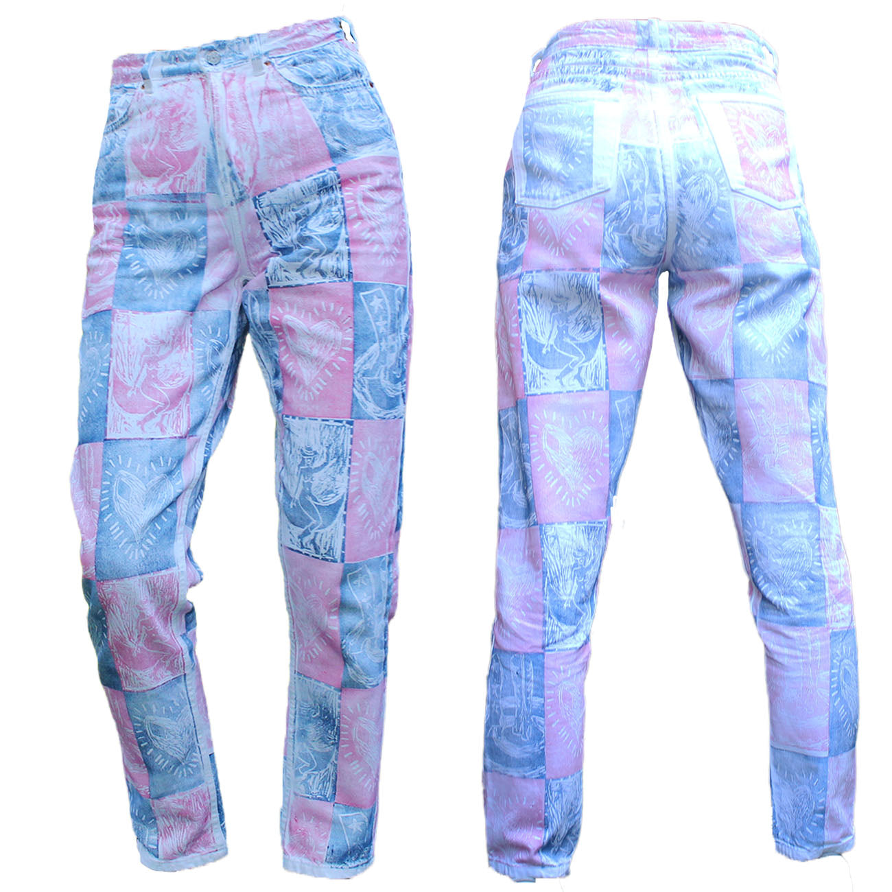 Hand Printed Jeans Heart Cowgirl Boots Multi