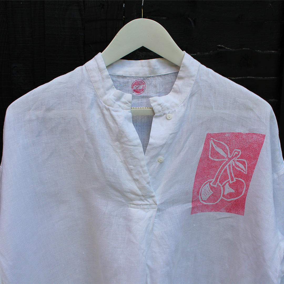 Hand Printed Linen Shirt White Cherry