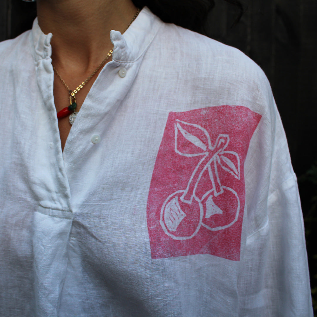 Hand Printed Linen Shirt White Cherry