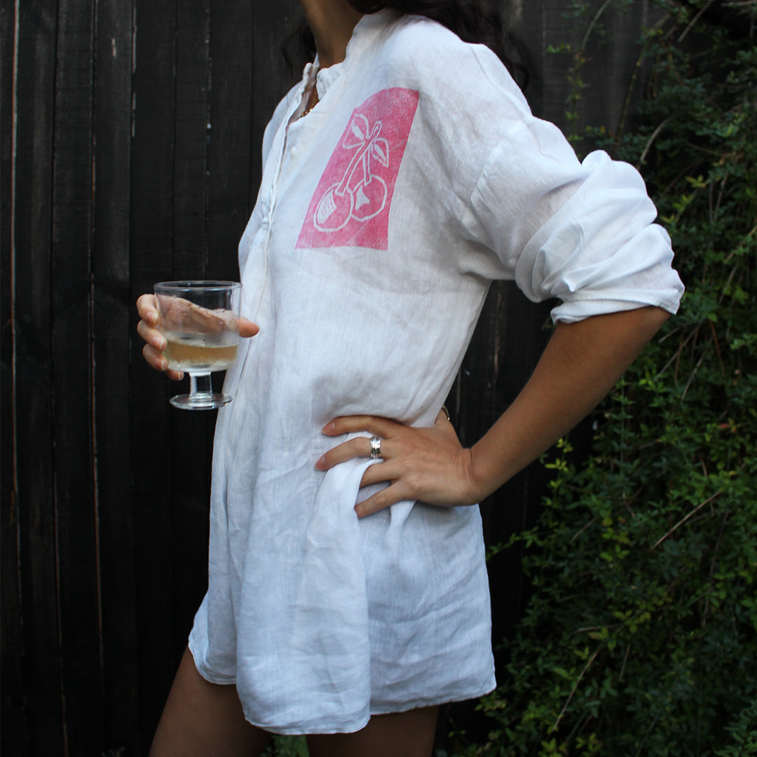 Hand Printed Linen Shirt White Cherry
