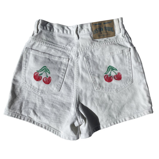 Hand Printed Denim Shorts Cherries