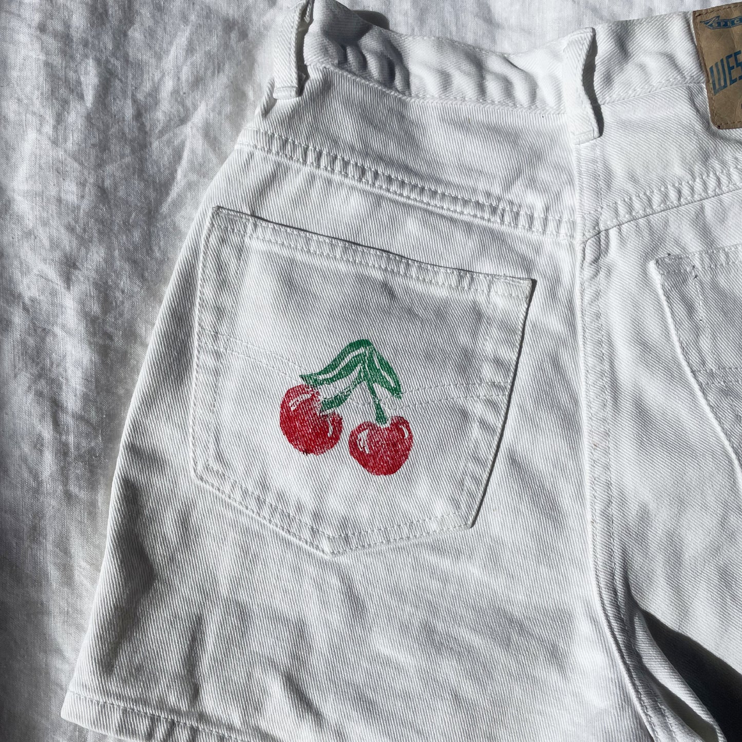 Hand Printed Denim Shorts Cherries