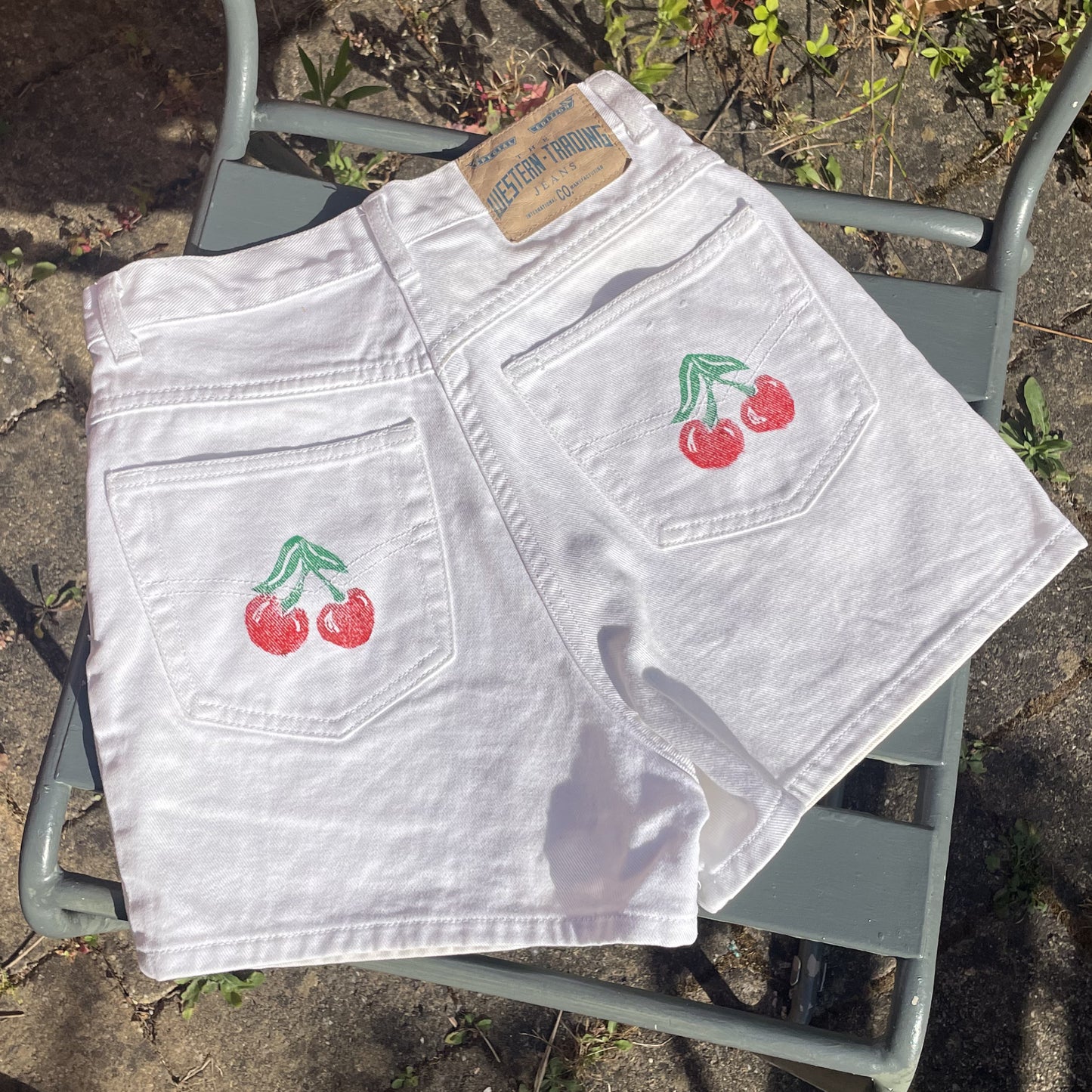 Hand Printed Denim Shorts Cherries